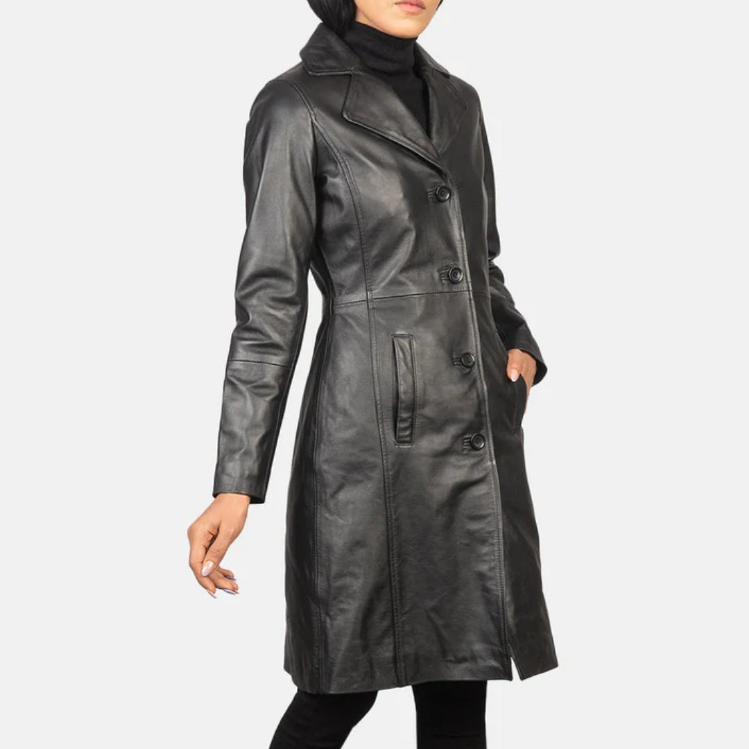 Alexis Black Single Breasted Leather Coat