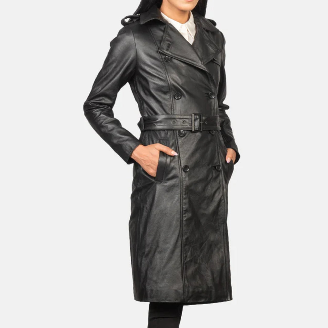 Alice Black Double Breasted Leather Coat
