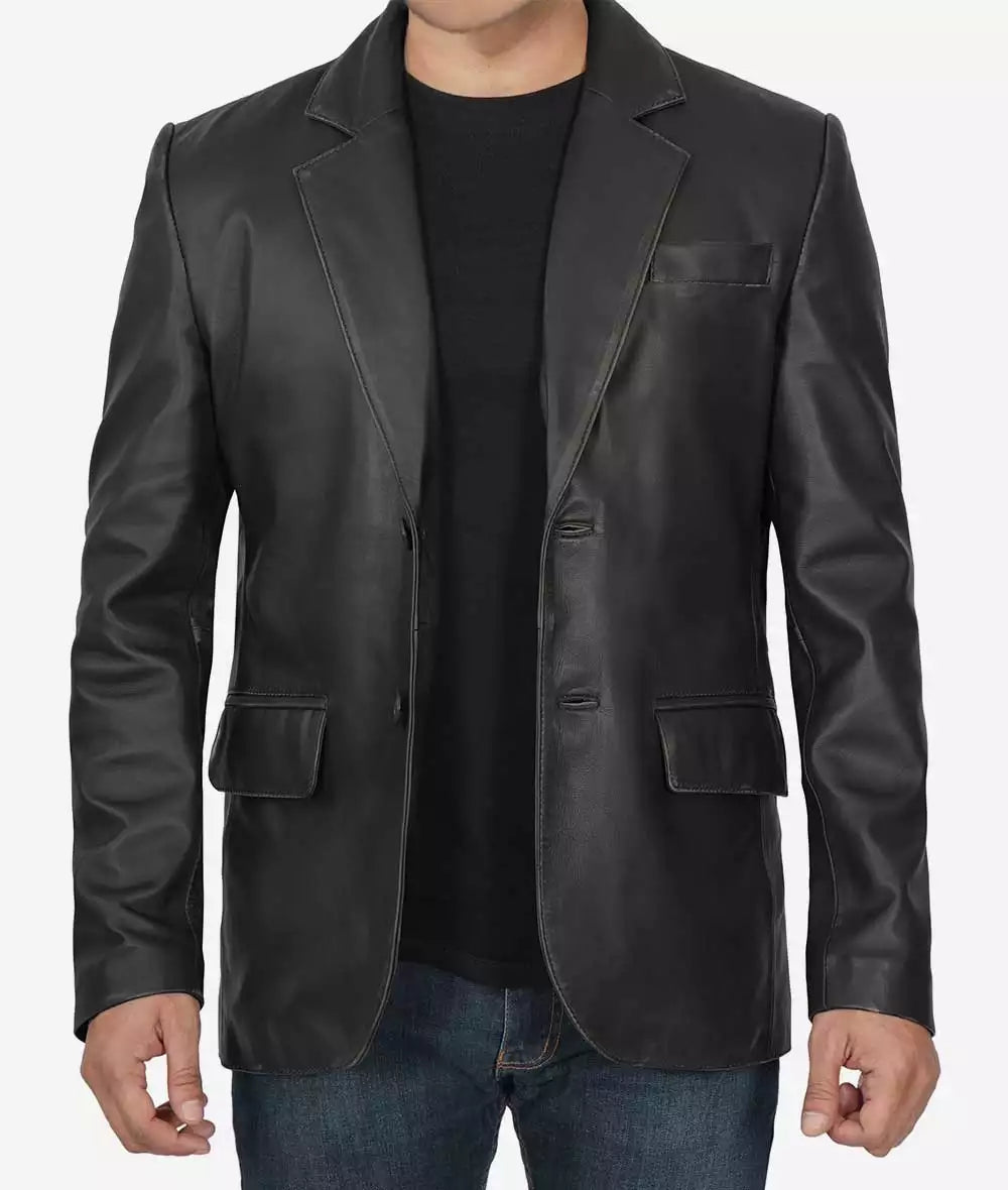 Mens Two Button Black Leather Blazer Jacket