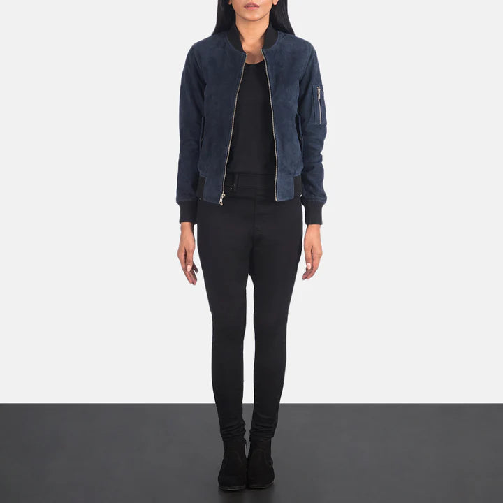Ava MA-1 Blue Suede Bomber Jacket