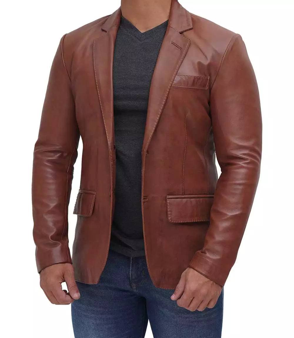 Mens Tan Outer Pocket Leather Blazer Jacket