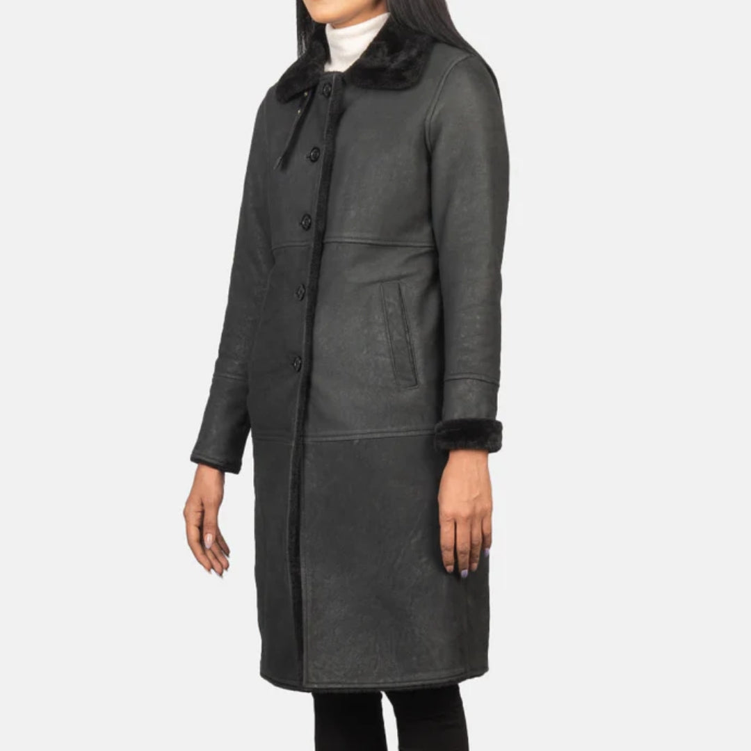 Alina Shearling Black Leather Coat