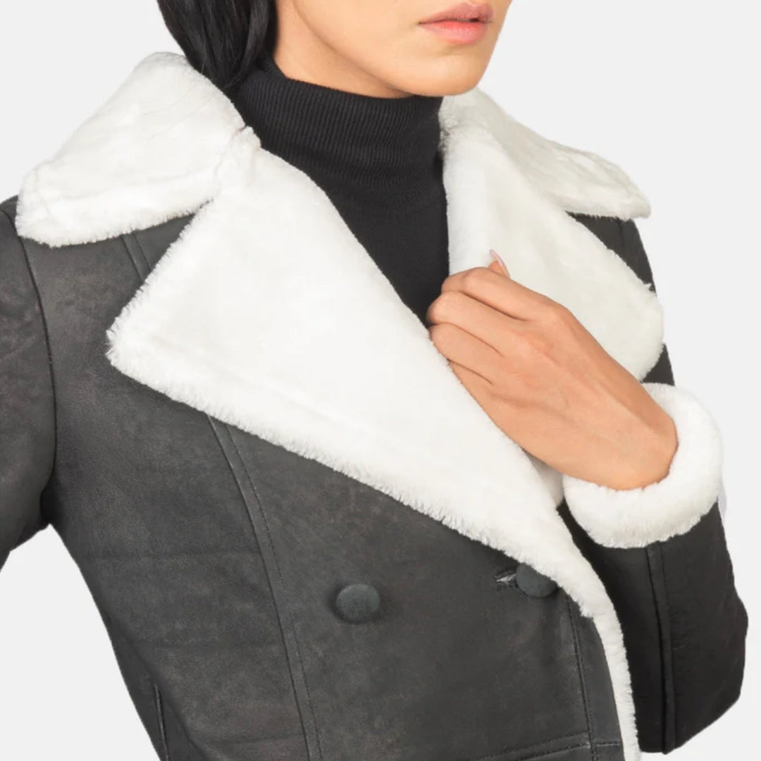 Amie Black Double Breasted Shearling Coat