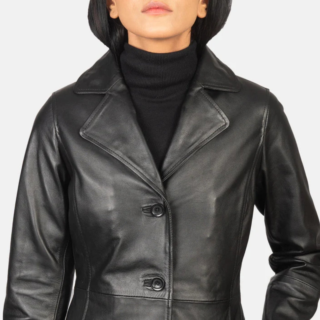 Alexis Black Single Breasted Leather Coat
