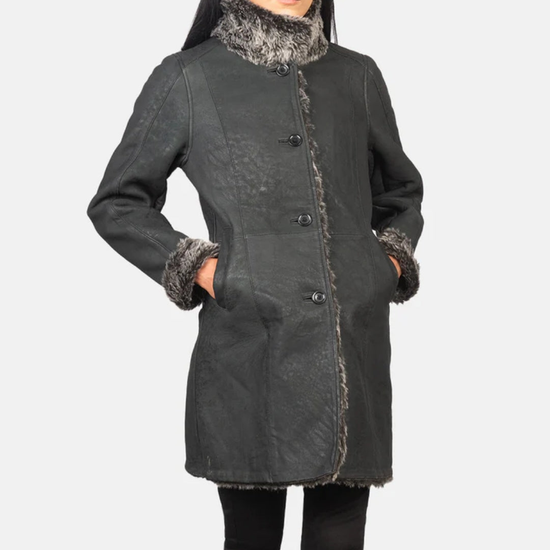 Erica Shearling Black Leather Coat