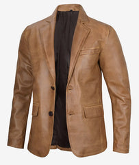 Men's Two Button Classic Camel Brown Leather Blazer