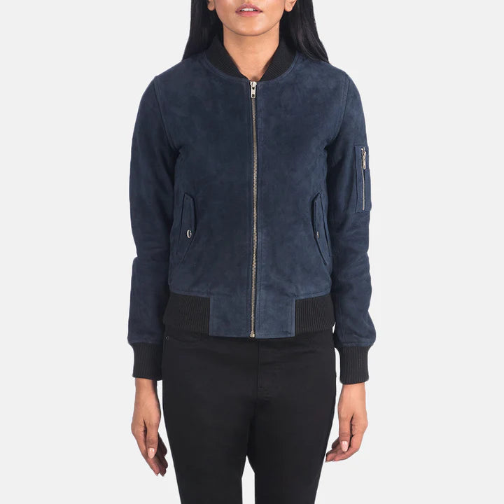 Ava MA-1 Blue Suede Bomber Jacket