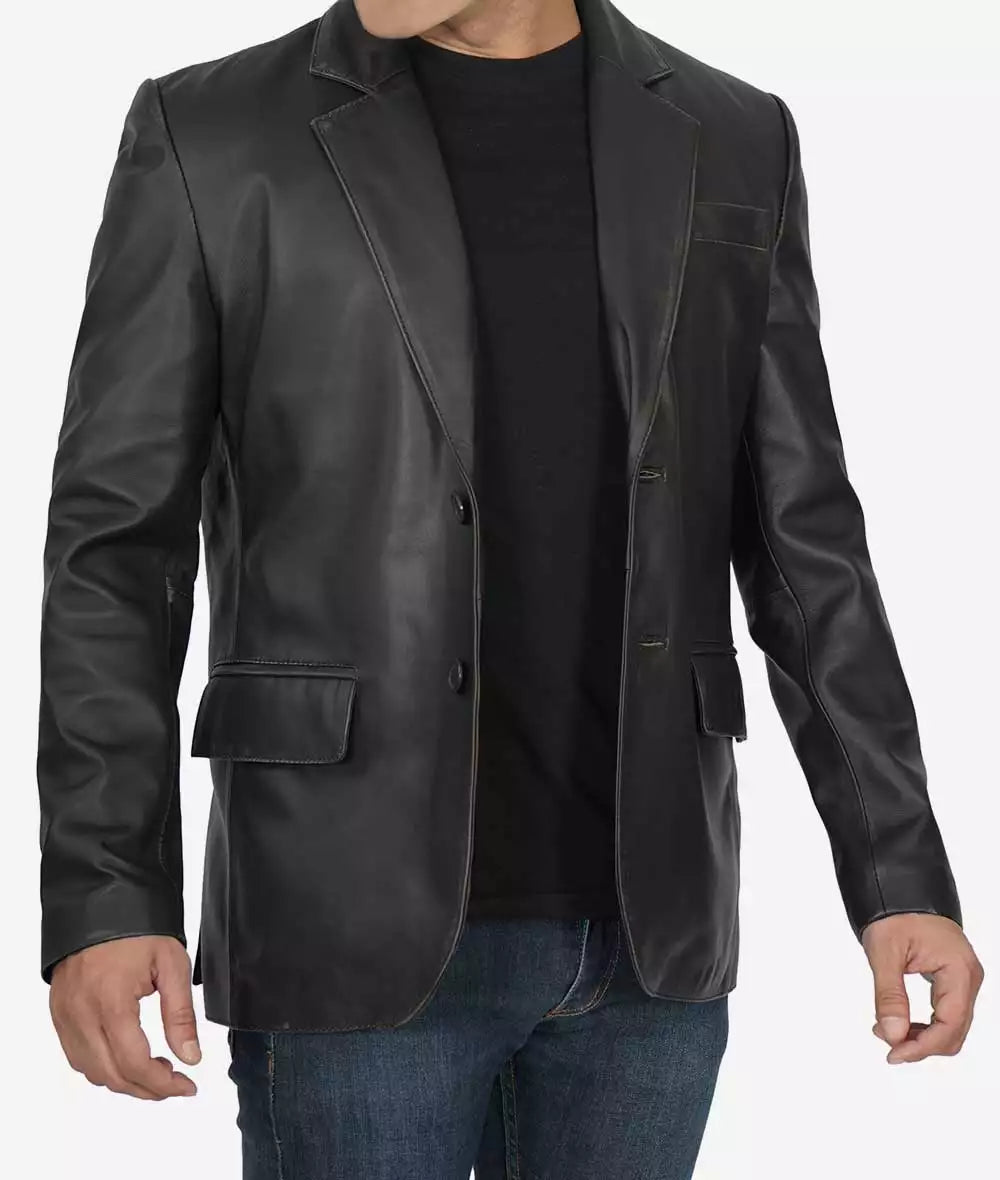 Mens Two Button Black Leather Blazer Jacket