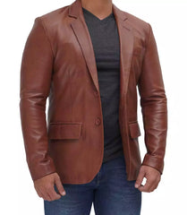 Mens Tan Outer Pocket Leather Blazer Jacket