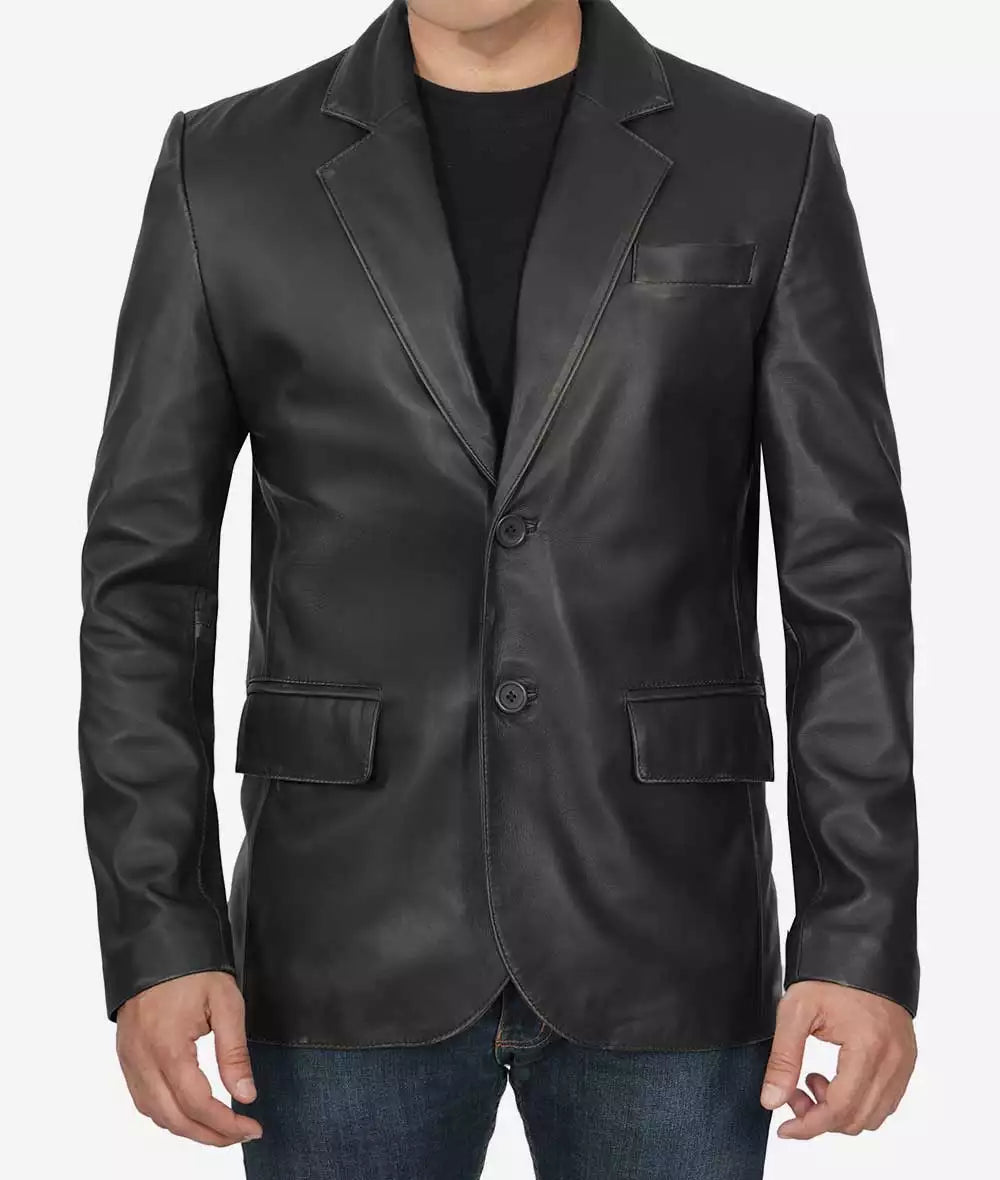 Mens Two Button Black Leather Blazer Jacket