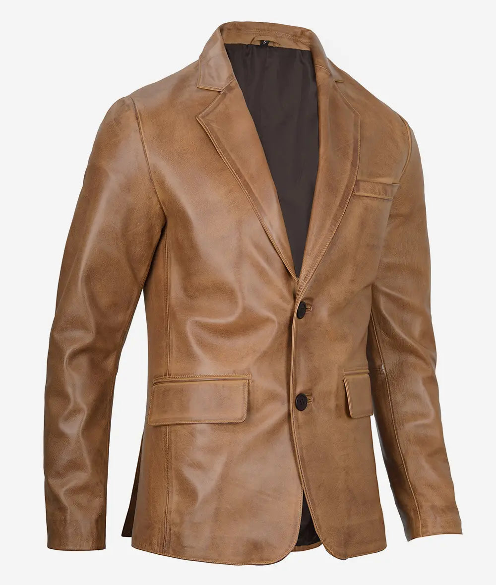 Men's Two Button Classic Camel Brown Leather Blazer