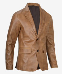 Men's Two Button Classic Camel Brown Leather Blazer