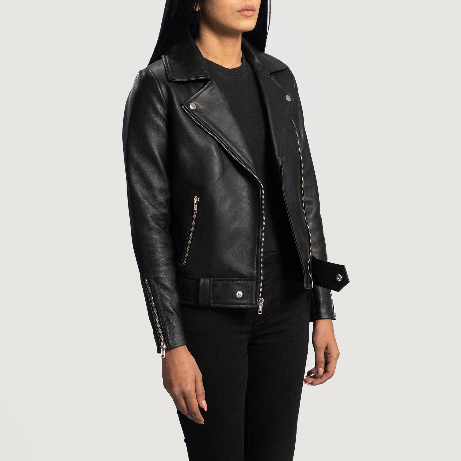 Black Sheepskin Leather Women Zipper Jacket