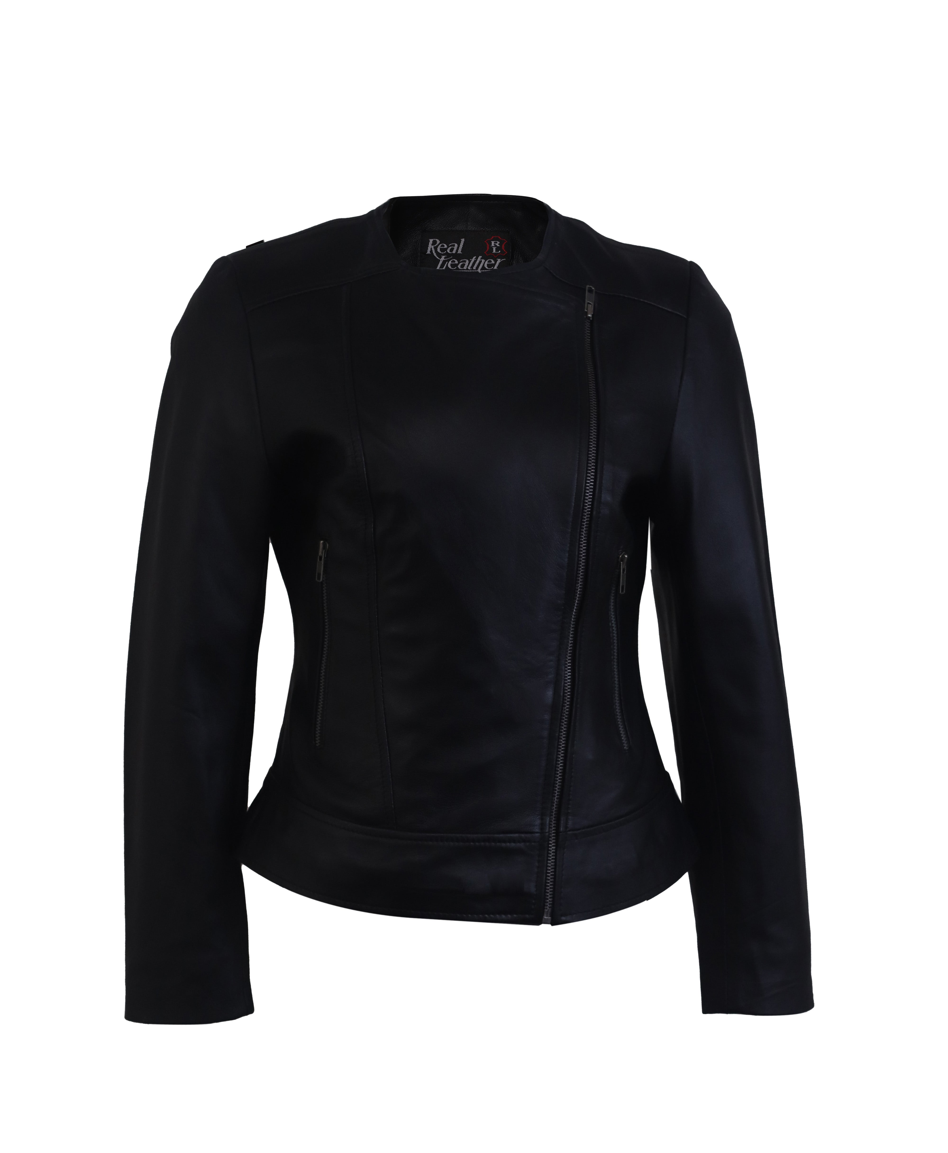 Women Round Necked Black Leather Jacket