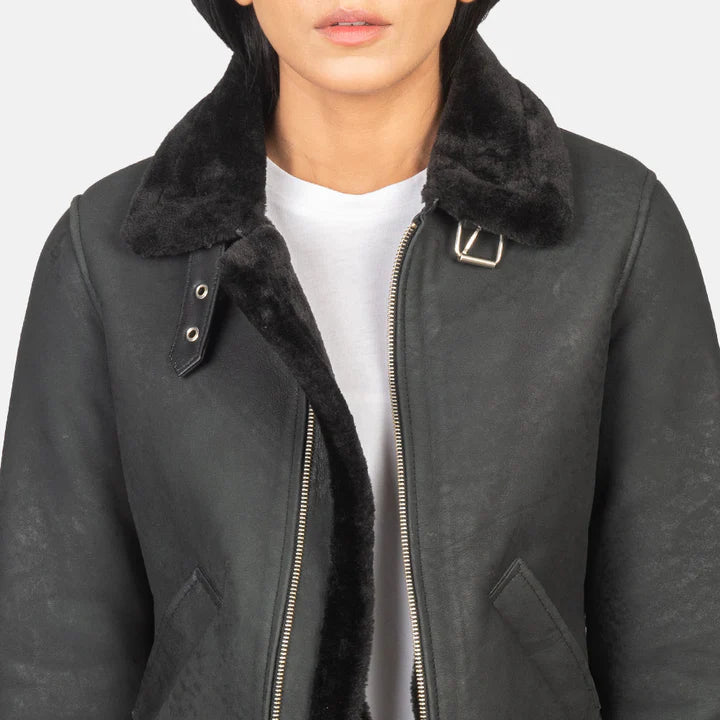 Sherilyn B-3 Distressed Black Leather Bomber Jacket