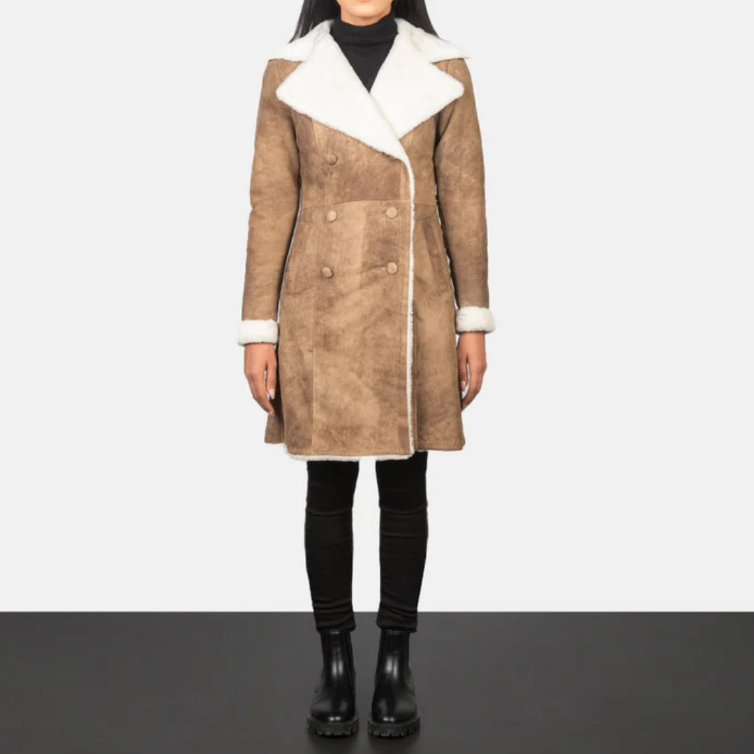 Amie Distressed Brown Double Breasted Shearling Coat