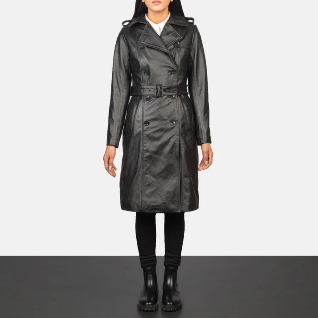 Alice Black Double Breasted Leather Coat