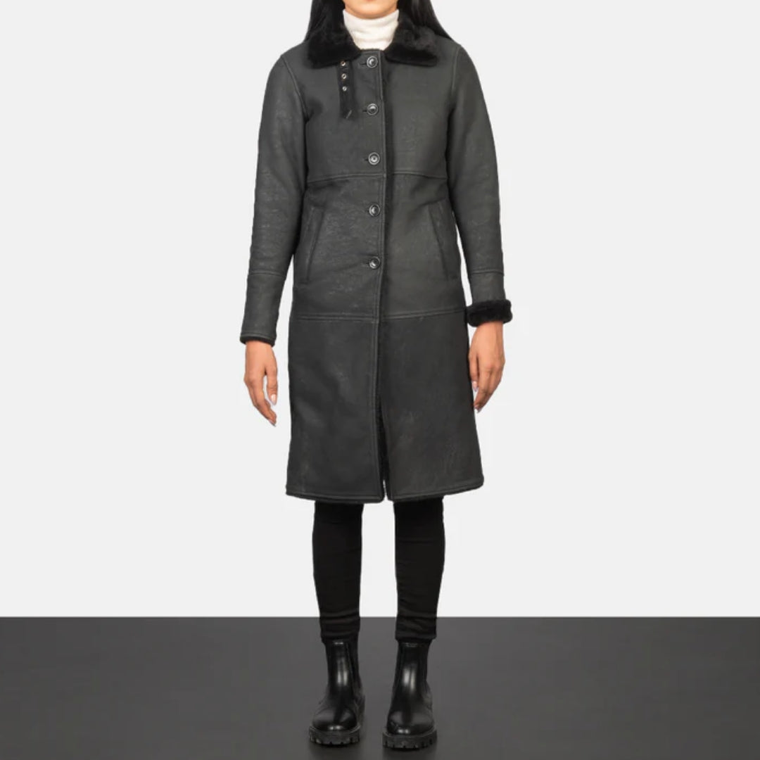 Alina Shearling Black Leather Coat