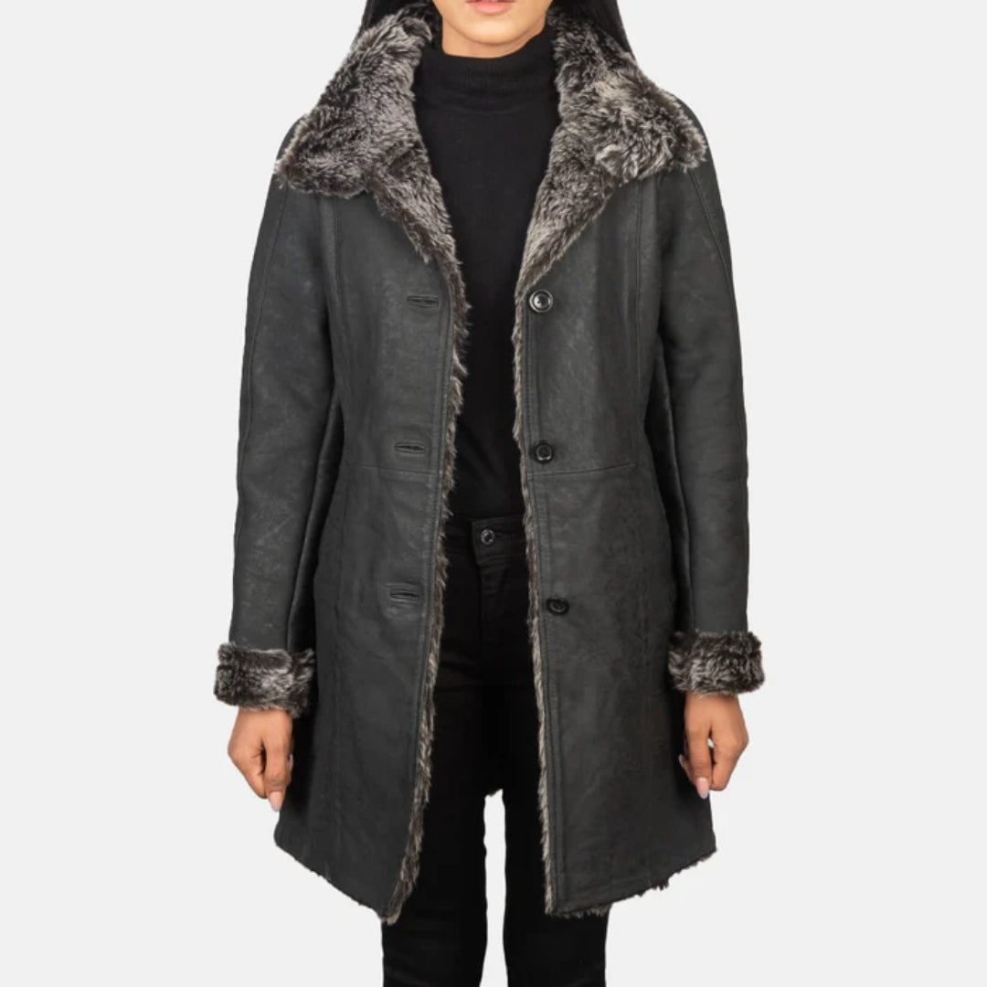 Erica Shearling Black Leather Coat