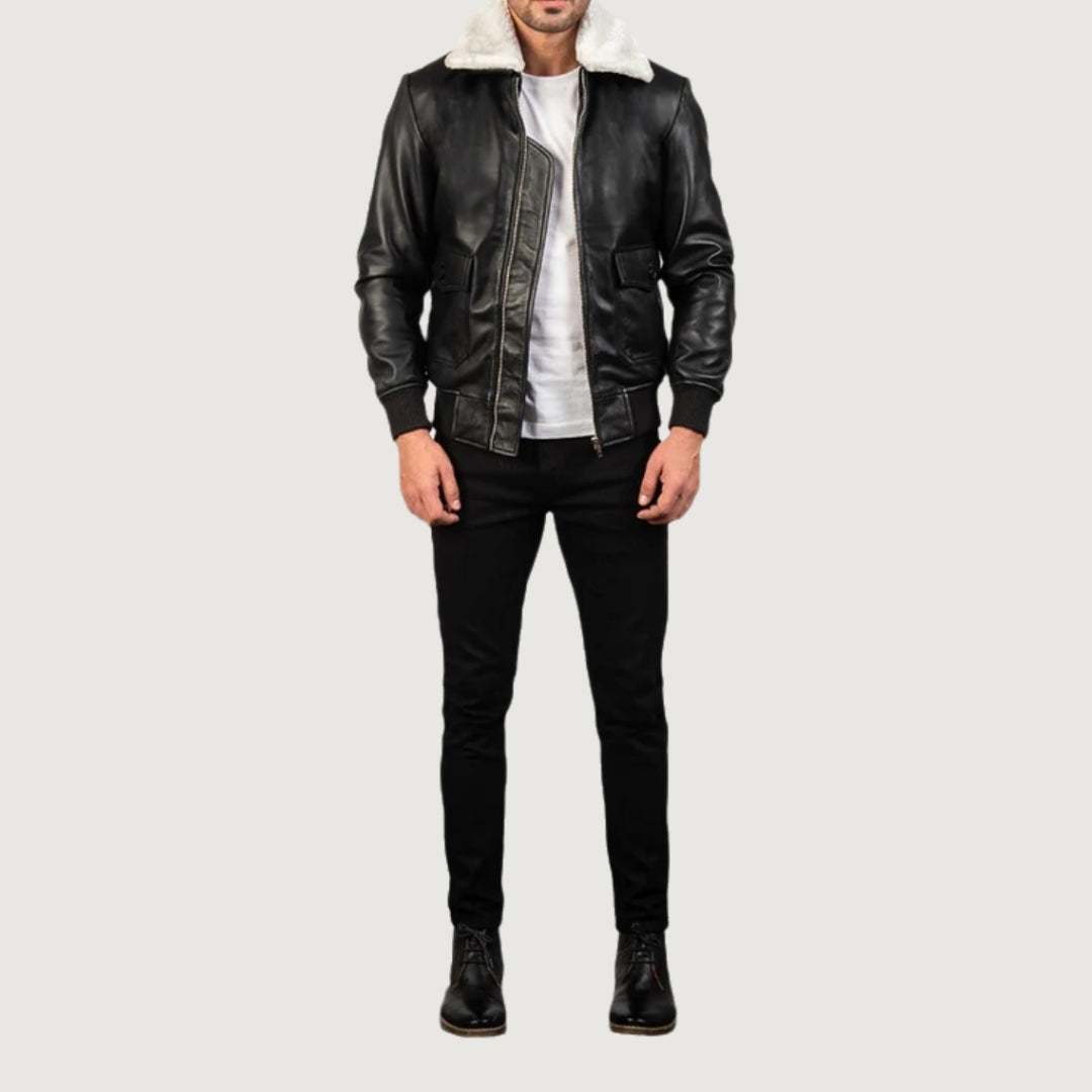 Airin G-1 Black & White Leather Bomber Jacket