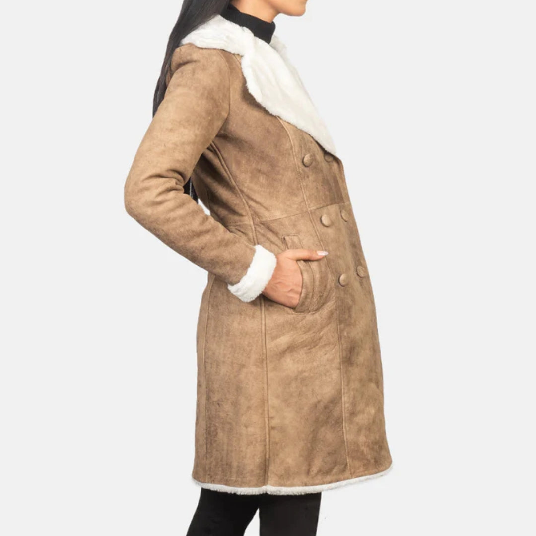 Amie Distressed Brown Double Breasted Shearling Coat