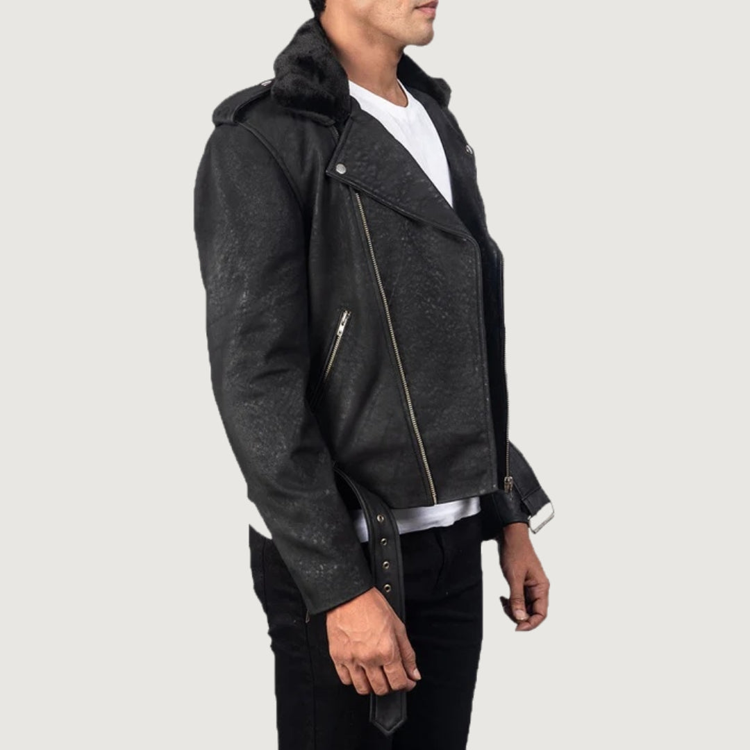 Furton Distressed Black Leather Biker Jacket