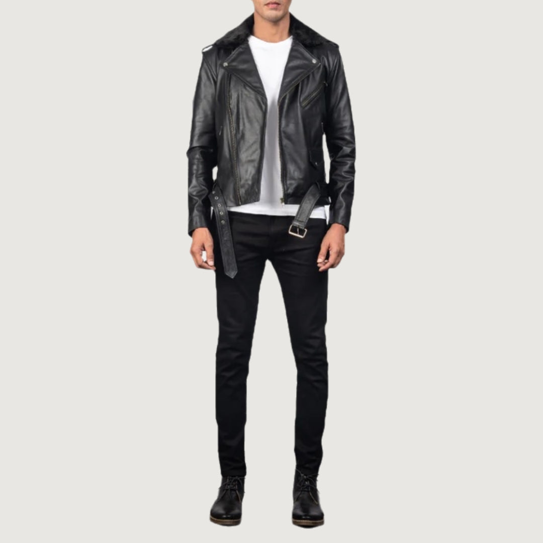 Furton Black Leather Biker Jacket