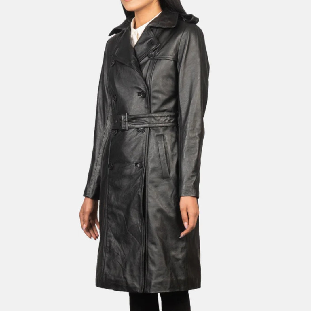 Alice Black Double Breasted Leather Coat