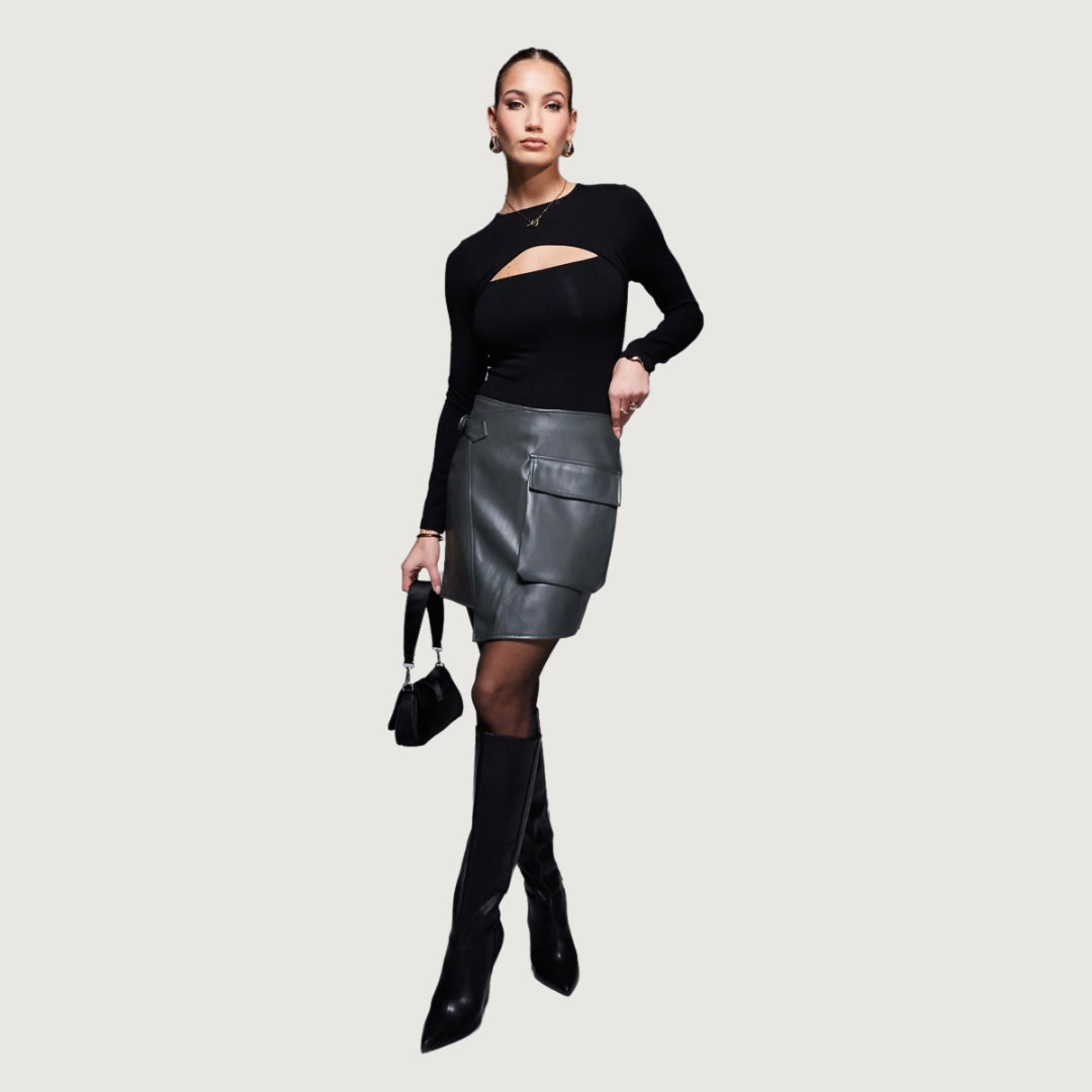 Khaki Luxe Leather-Look Mini Skirt