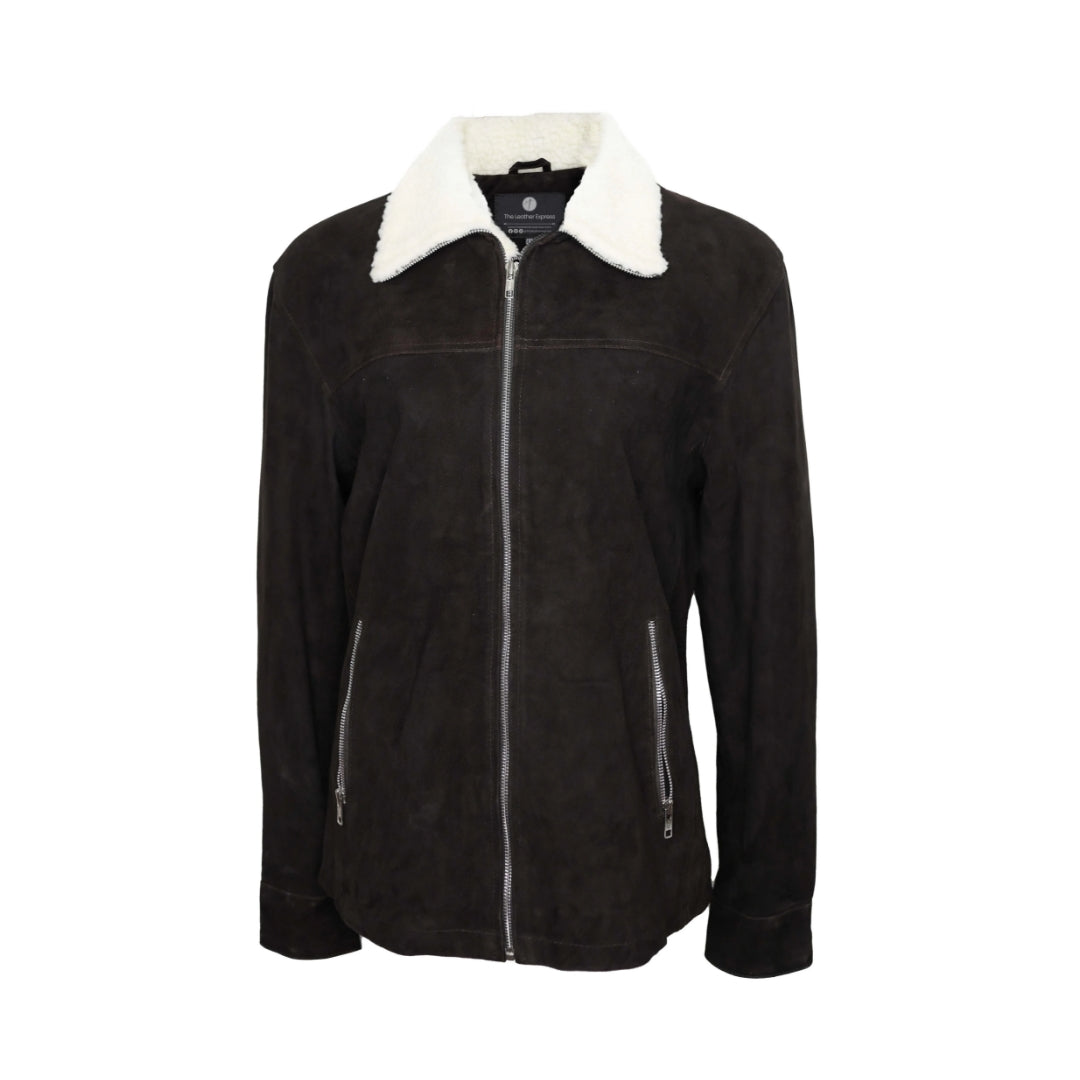 Black Shearling Suede Bomber Jacket