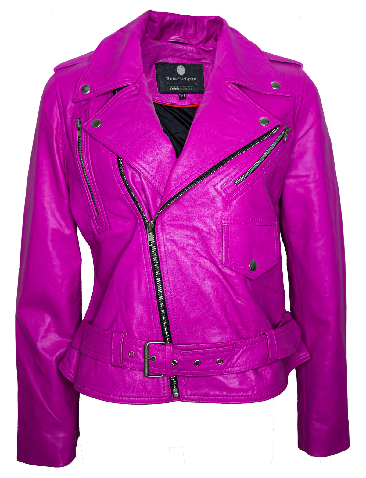 Womens Classy Belted Hot Pink Leather Jacket