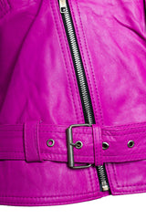 Womens Classy Belted Hot Pink Leather Jacket