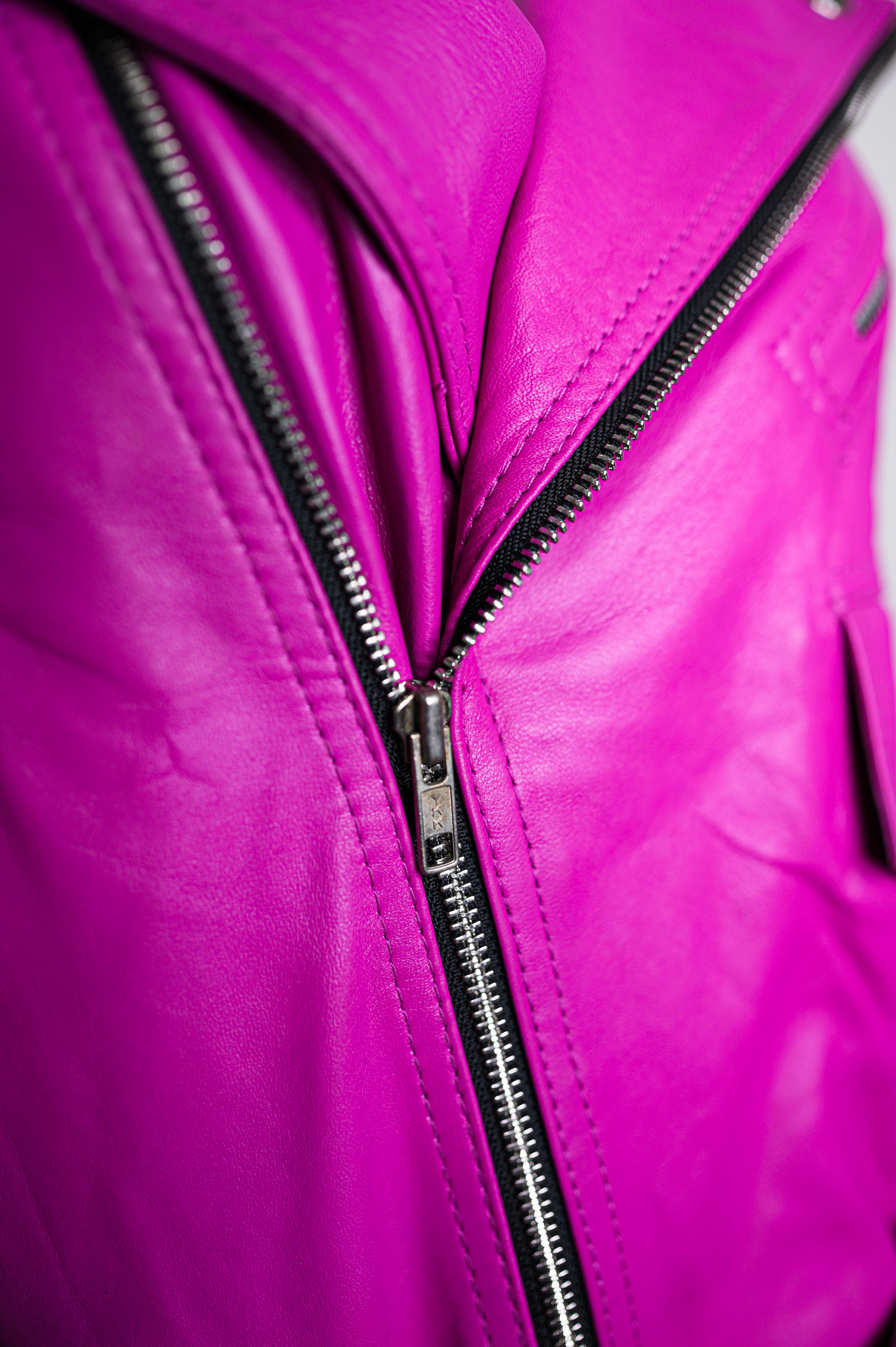 Womens Classy Belted Hot Pink Leather Jacket