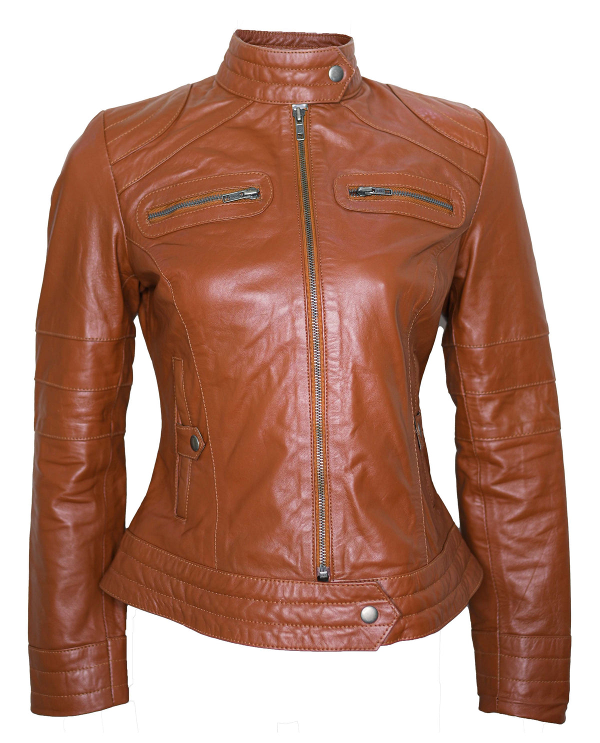 Women Classic Motorcycle Brown Leather Jacket