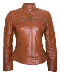 Women Classic Motorcycle Brown Leather Jacket