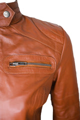 Women Classic Motorcycle Brown Leather Jacket