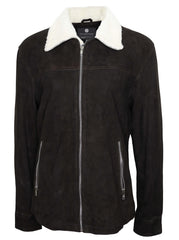 Black Shearling Suede Bomber Jacket