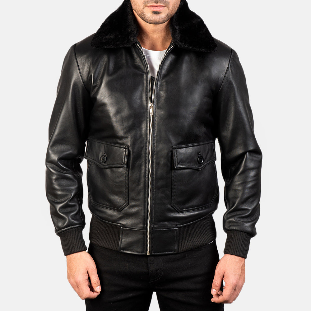 Zipper Black Leather Bomber Jacket