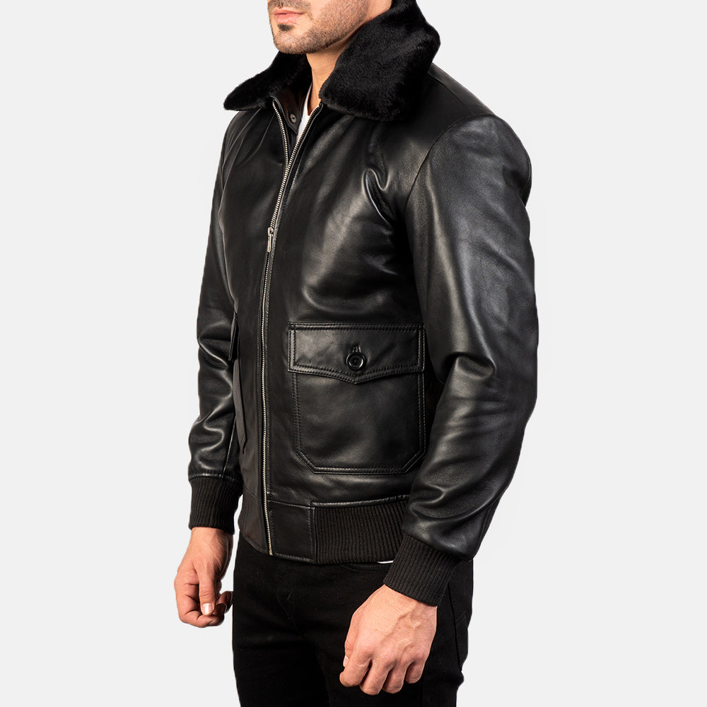 Zipper Black Leather Bomber Jacket