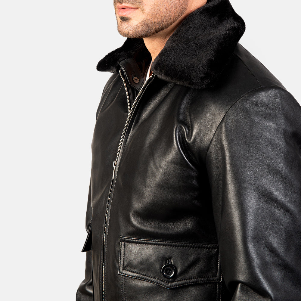 Zipper Black Leather Bomber Jacket