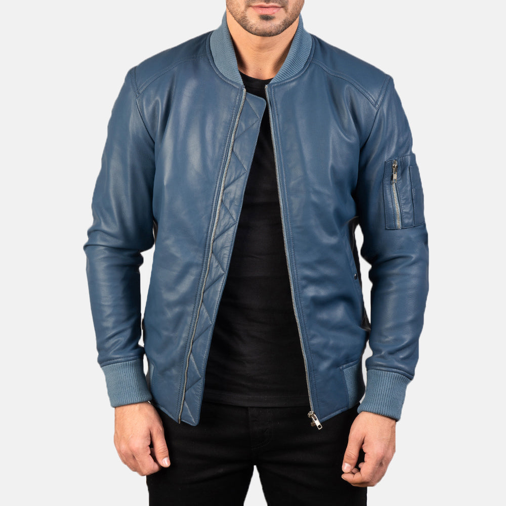 Bomia Blue Leather Bomber Jacket