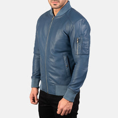 Bomia Blue Leather Bomber Jacket