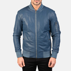 Bomia Blue Leather Bomber Jacket