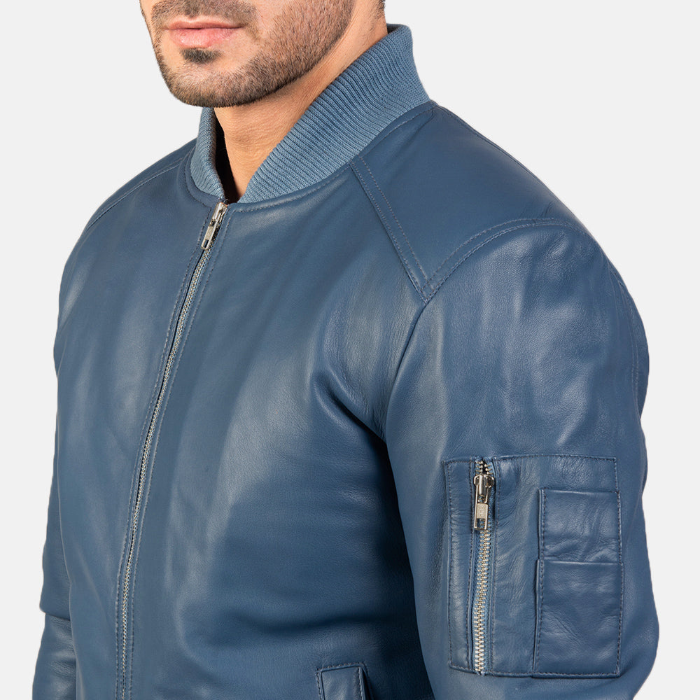 Bomia Blue Leather Bomber Jacket