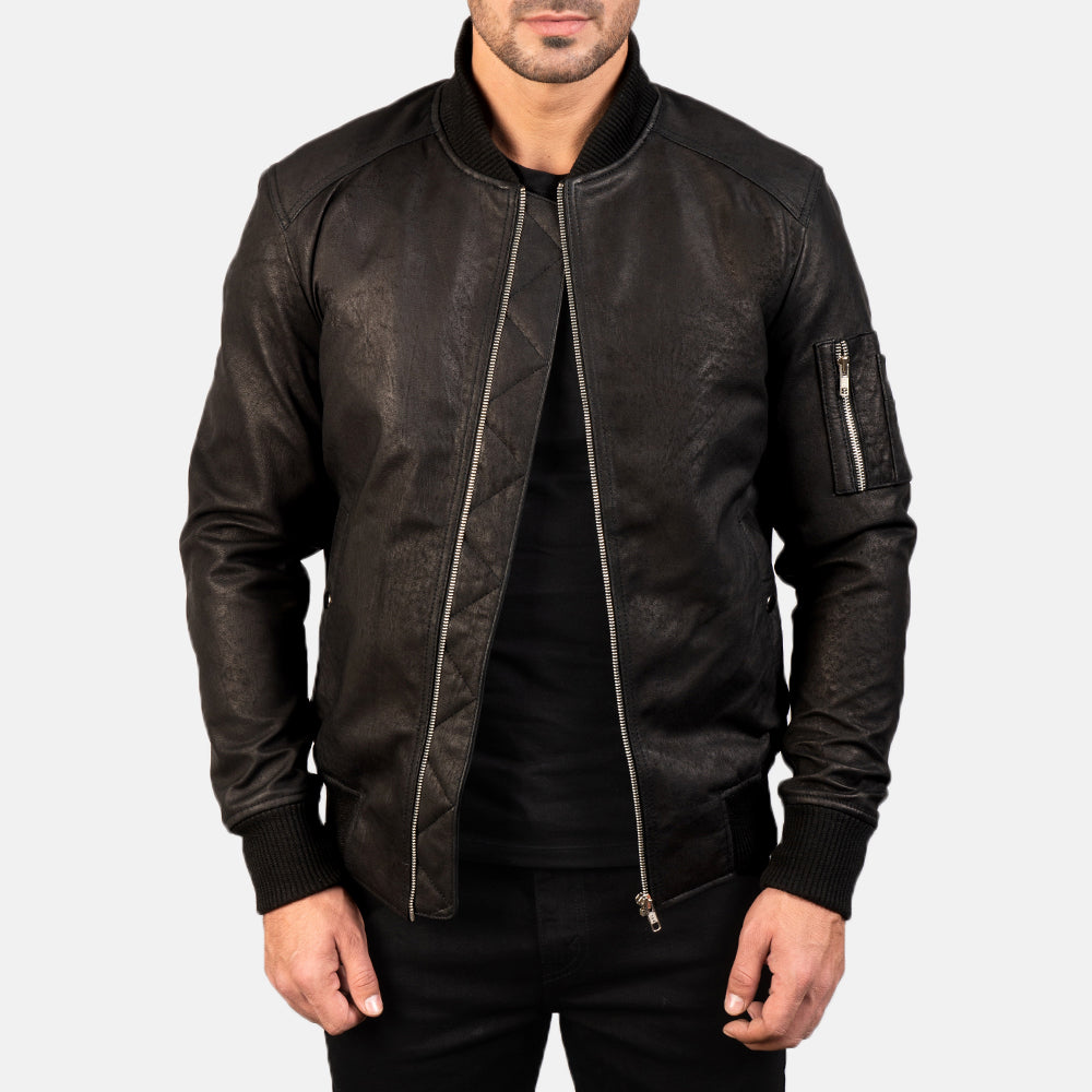 Distressed Black Leather Bomber Jacket