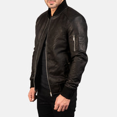 Distressed Black Leather Bomber Jacket