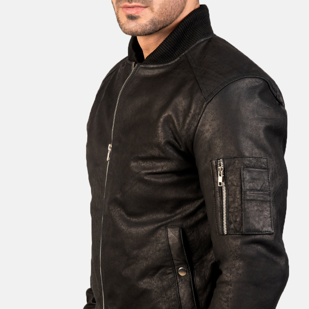 Bomia Distressed Black Leather Bomber Jacket