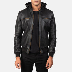 Bouncer Zipper Black Leather Bomber Jacket