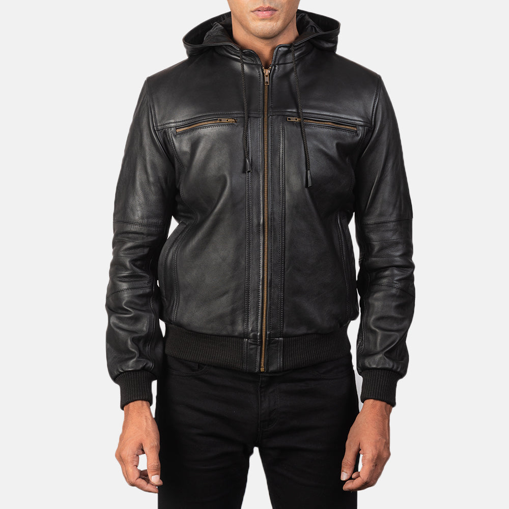 Bouncer Zipper Black Leather Bomber Jacket