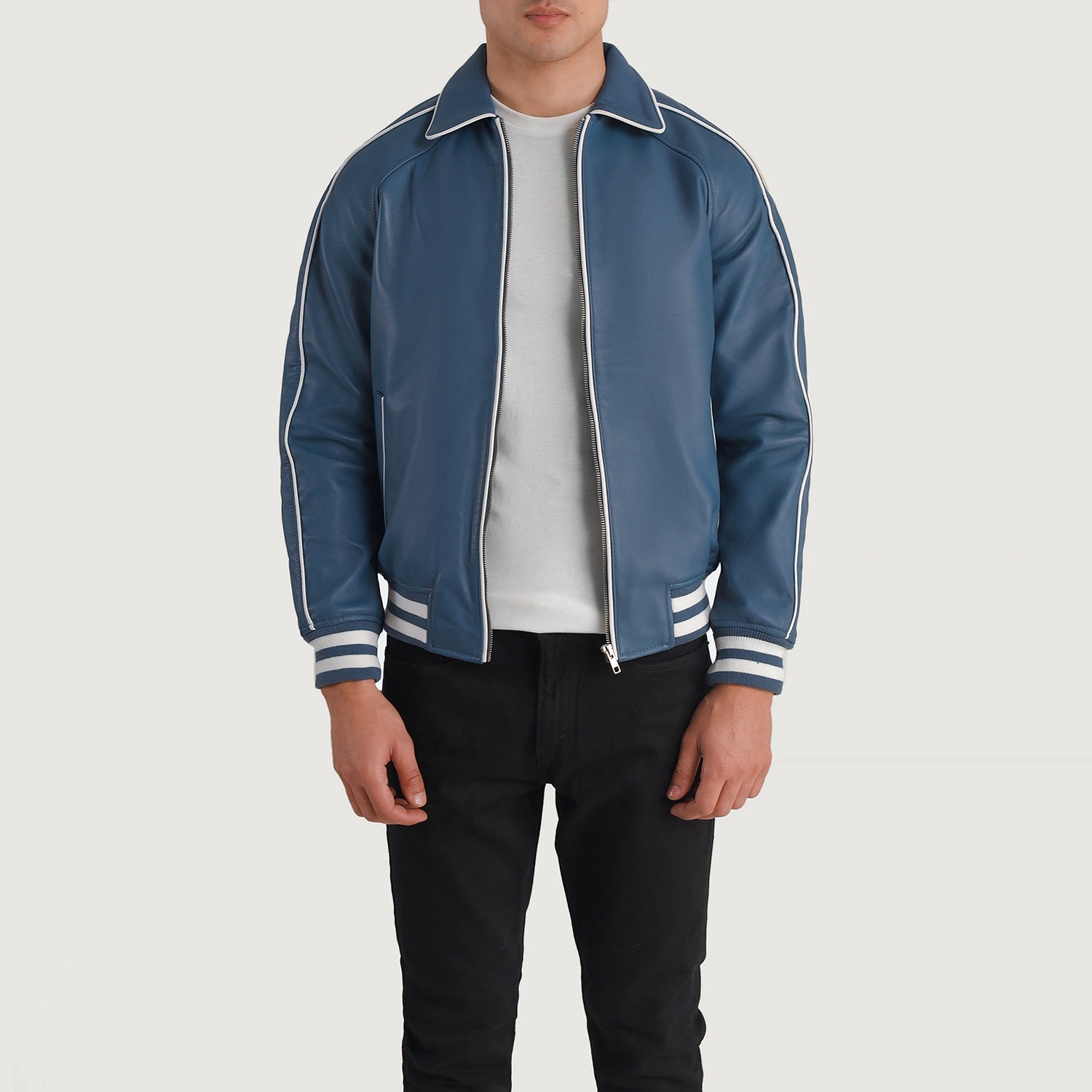 Cooper Blue Leather Varsity Jacket